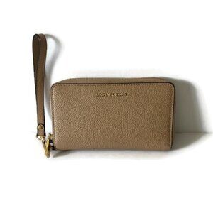 Michael Kors Taupe Pebbled Leather Wristlet Wallet Phone Case with Gold Hardware